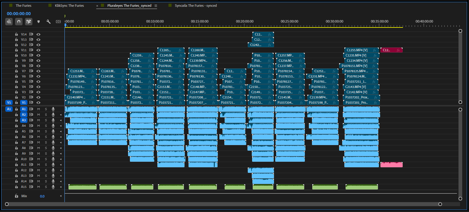 PluralEyes sync result in Adobe Premiere – 104 of 105 multicam clips synced, one clip in red