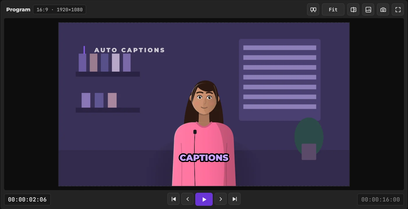 KlikFrame viewer with playback controls, safe zones and fullscreen preview