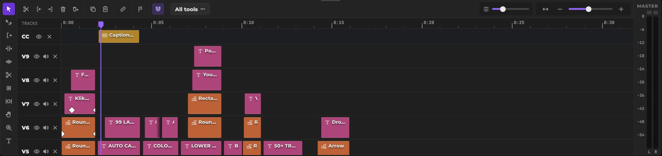 KlikFrame multitrack timeline with titles, captions, clips and audio meters