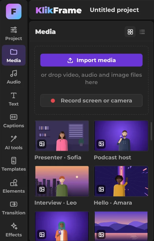 KlikFrame panel bar and Media panel with Import media and Record screen or camera