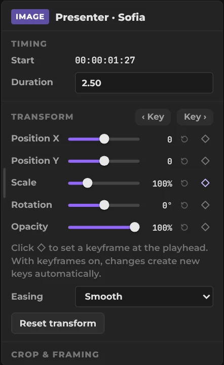 KlikFrame inspector with timing, position, scale, rotation and opacity settings