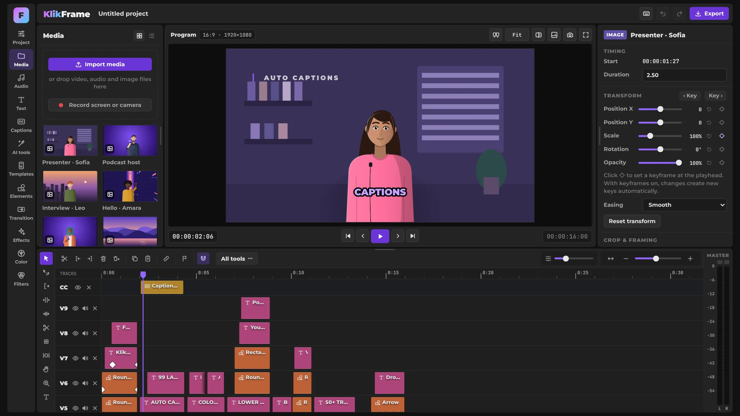 KlikFrame editor workspace with panels, viewer, inspector and timeline