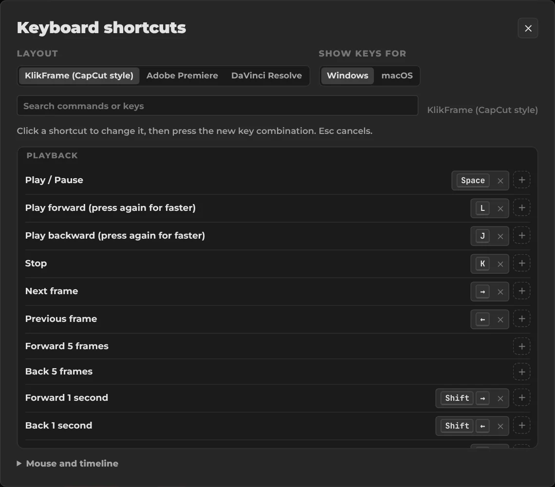 KlikFrame keyboard shortcuts with layouts for KlikFrame, Adobe Premiere and DaVinci Resolve, for Windows and macOS