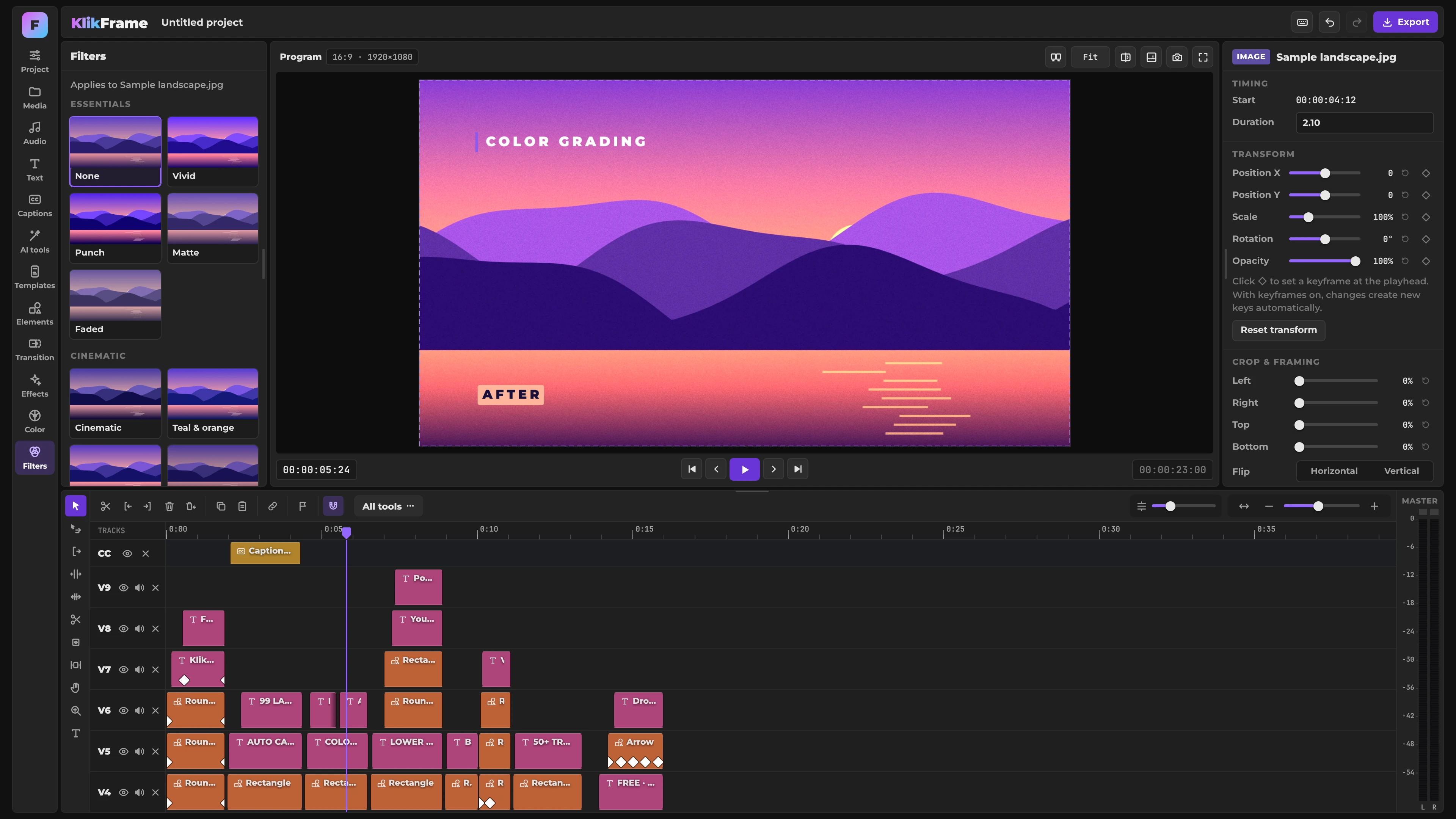 KlikFrame filters panel with Essentials and Cinematic looks such as Vivid, Punch, Matte, Cinematic and Teal and orange, applied to a landscape image, with transform and crop controls on the right