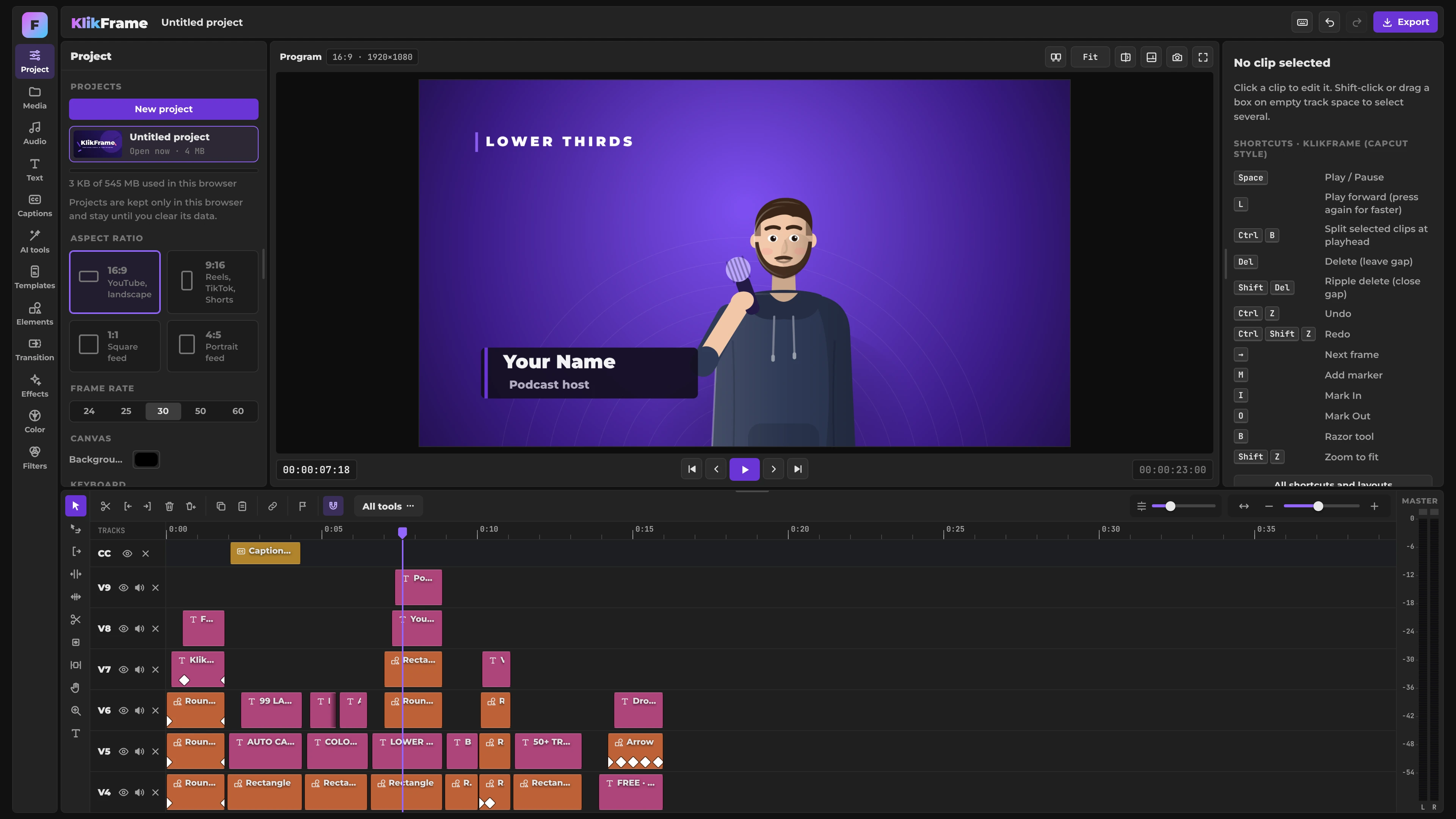 KlikFrame project panel showing projects saved in the browser, aspect ratio presets for 16:9, 9:16, 1:1 and 4:5, frame rate options and a podcast host with an animated lower third in the preview