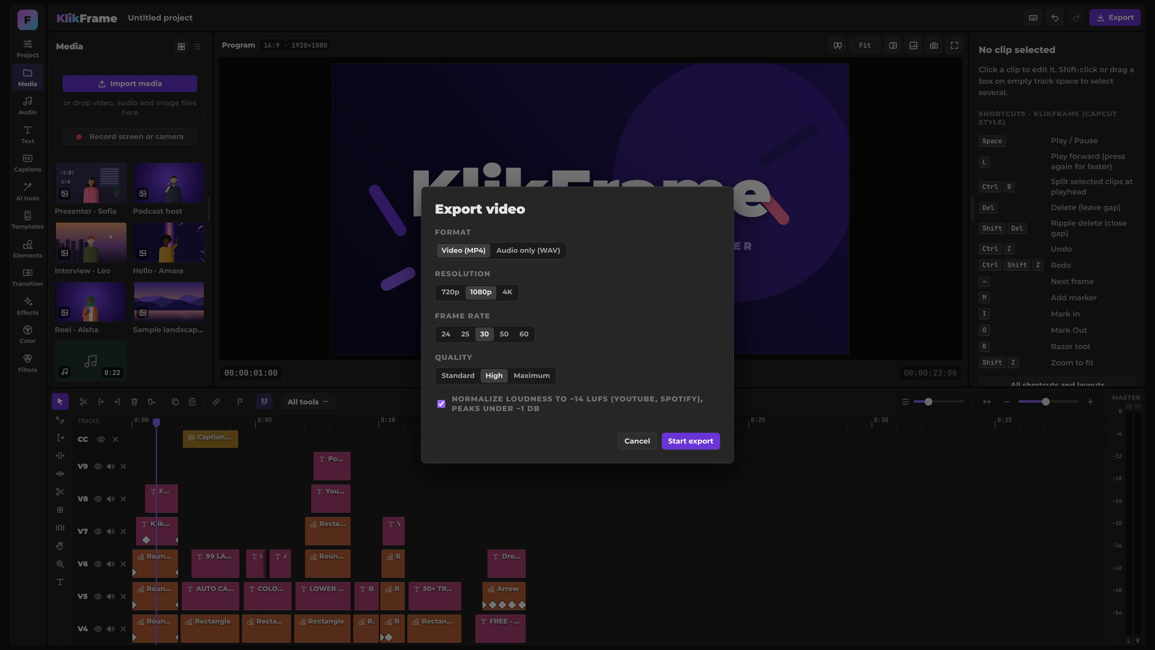 KlikFrame export dialog with options for MP4 or WAV, 720p, 1080p and 4K resolution, 24 to 60 fps, Standard, High and Maximum quality, and loudness normalization to −14 LUFS