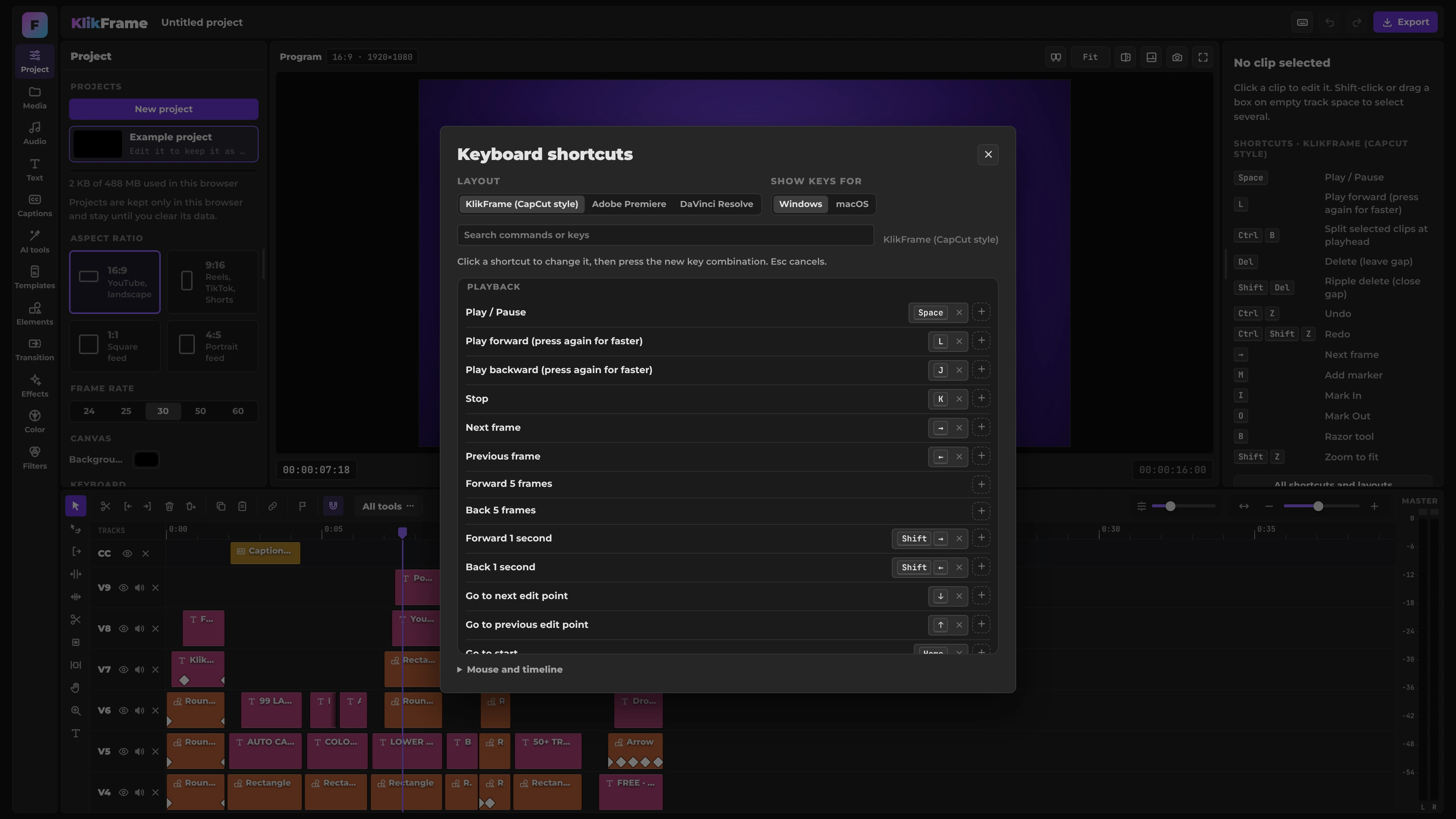 KlikFrame keyboard shortcuts window with layout presets for KlikFrame CapCut style, Adobe Premiere and DaVinci Resolve, keys shown for Windows or macOS, and editable playback shortcuts