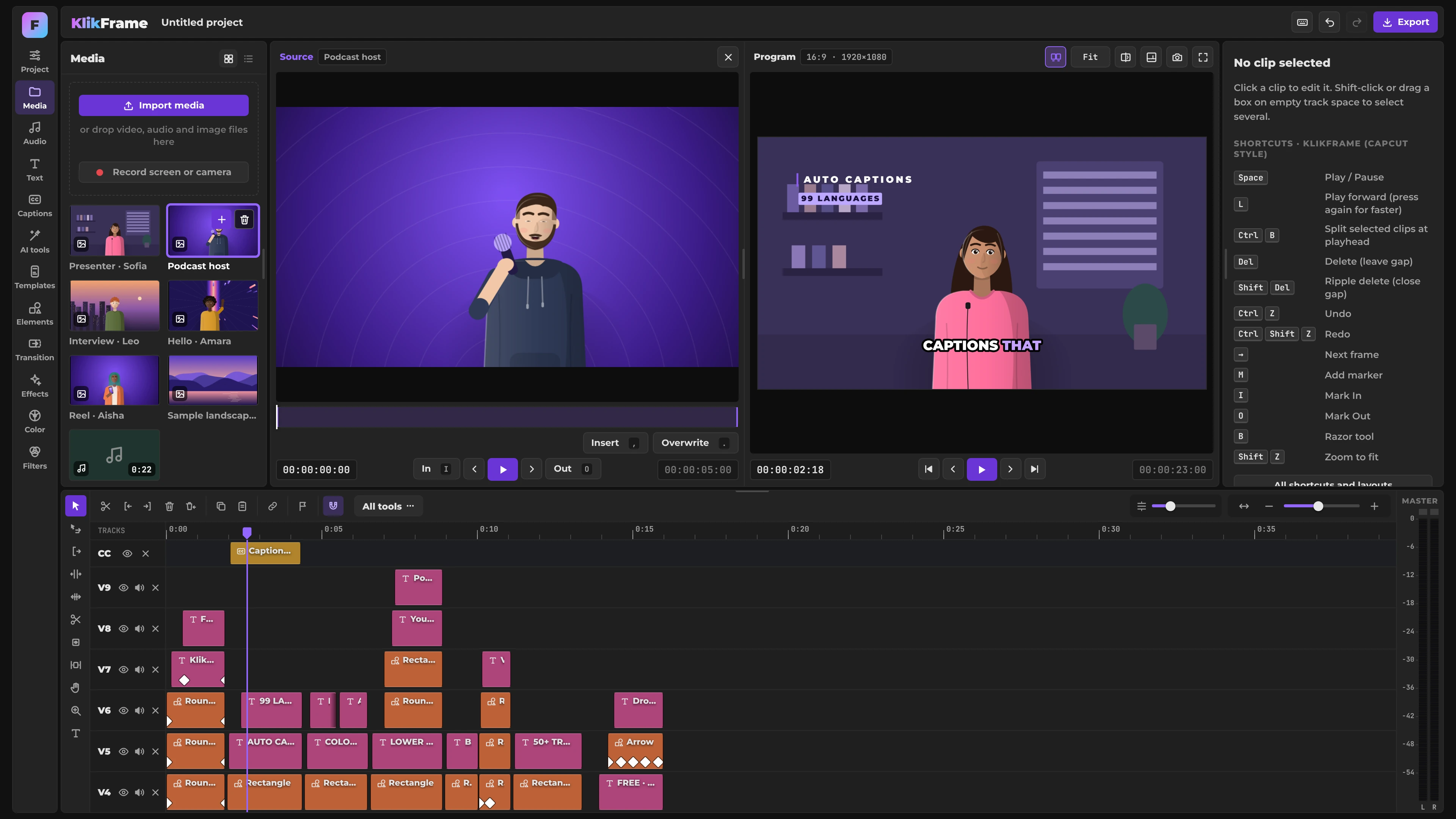 KlikFrame browser video editor with source and program monitors, word-by-word auto captions on a presenter, a caption track and a multitrack timeline with audio meters
