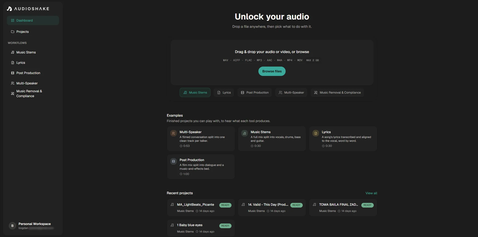 AudioShake Studio dashboard with a drag and drop upload area, the five workflows and built-in example projects