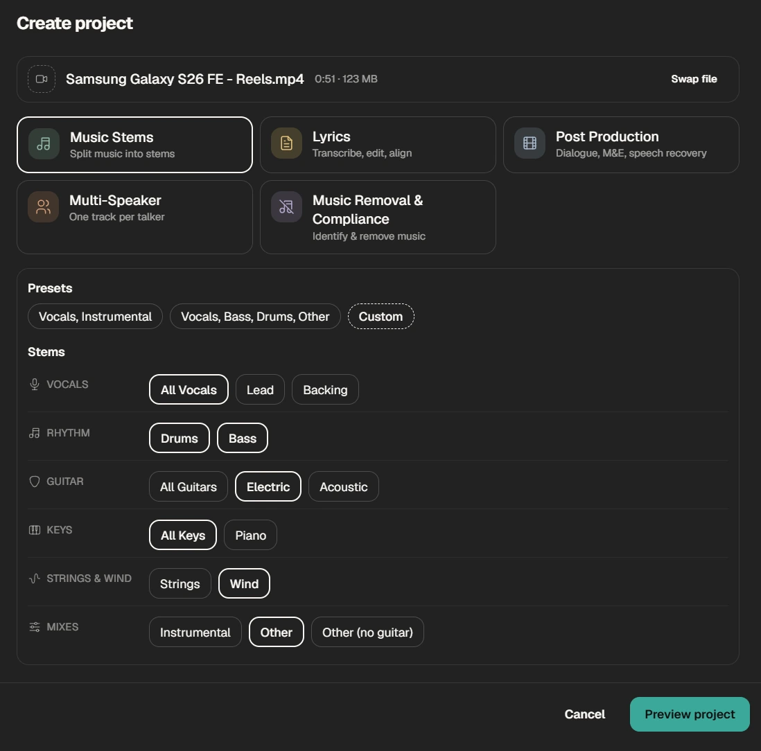 AudioShake Studio Create Project panel with Music Stems selected, showing presets and stems for vocals, drums, bass, guitar, keys, strings and wind