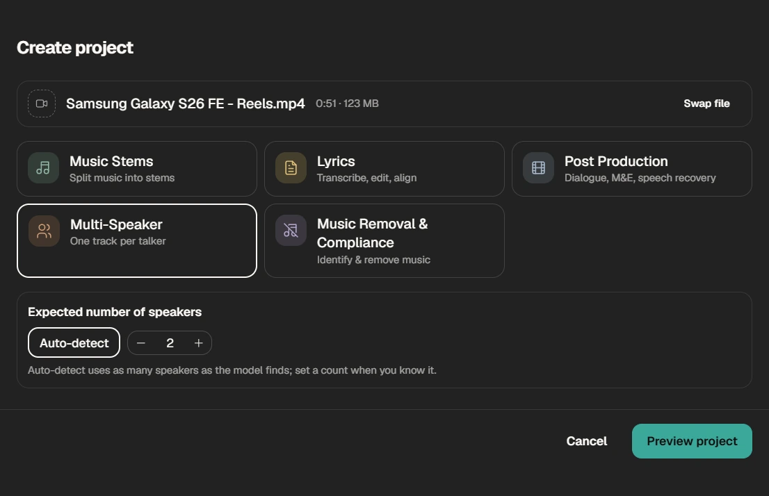 AudioShake Studio Create Project panel with Multi-Speaker selected, showing the expected number of speakers set to auto-detect