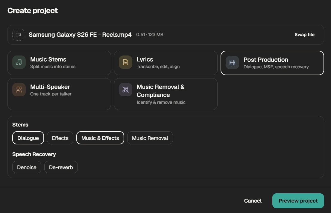 AudioShake Studio Create Project panel with Post Production selected, showing Dialogue, Effects, Music & Effects and Music Removal stems plus Denoise and De-reverb
