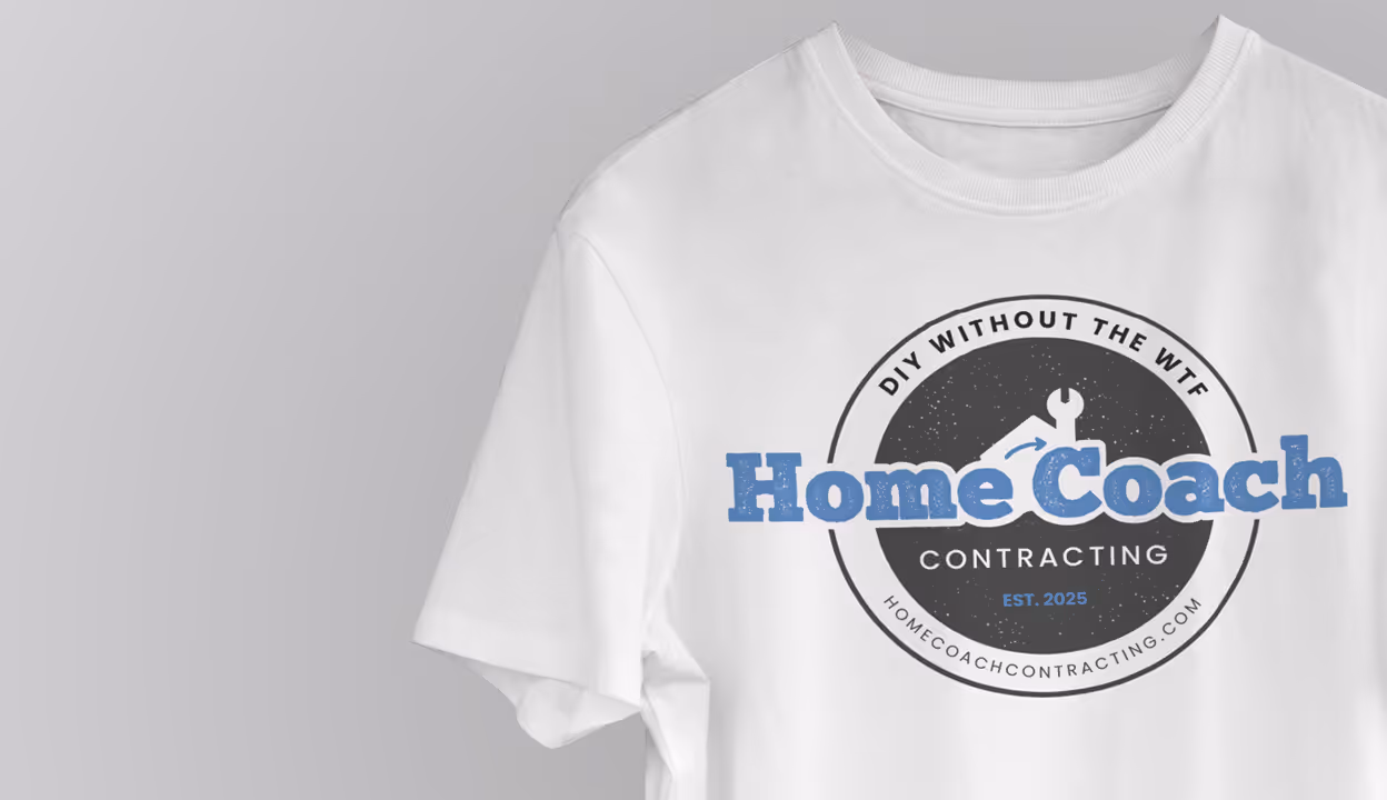 White t-shirt with Home Coach Contracting logo and DIY slogan