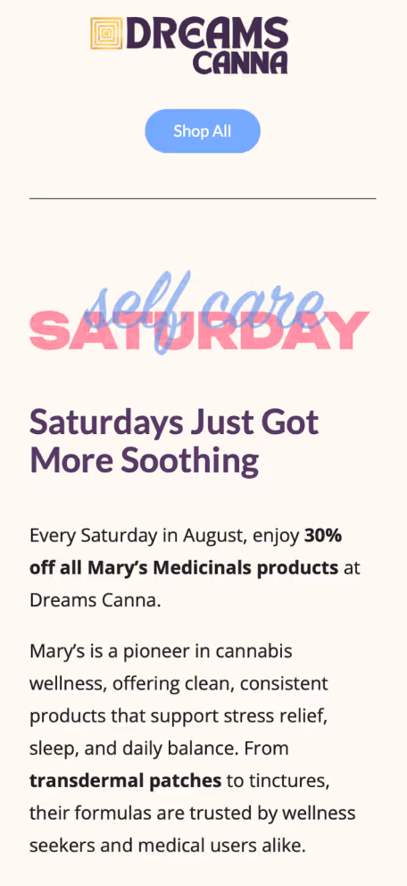Dreams Canna Saturday sale promotion for Mary's Medicinals cannabis products
