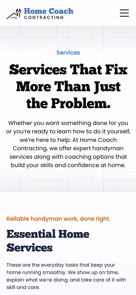 Home Coach Contracting services website showcasing handyman and home repair solutions