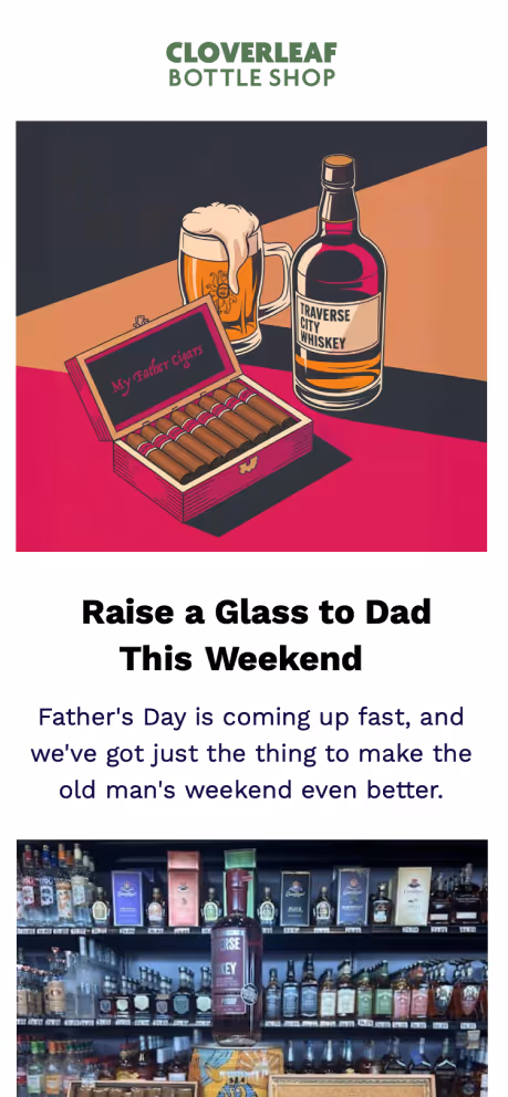 Whiskey bottle, beer mug, and cigars for Father's Day gift
