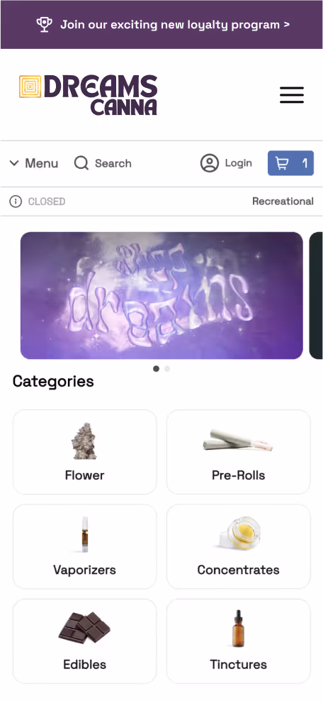 Dreams Canna dispensary website with cannabis product categories