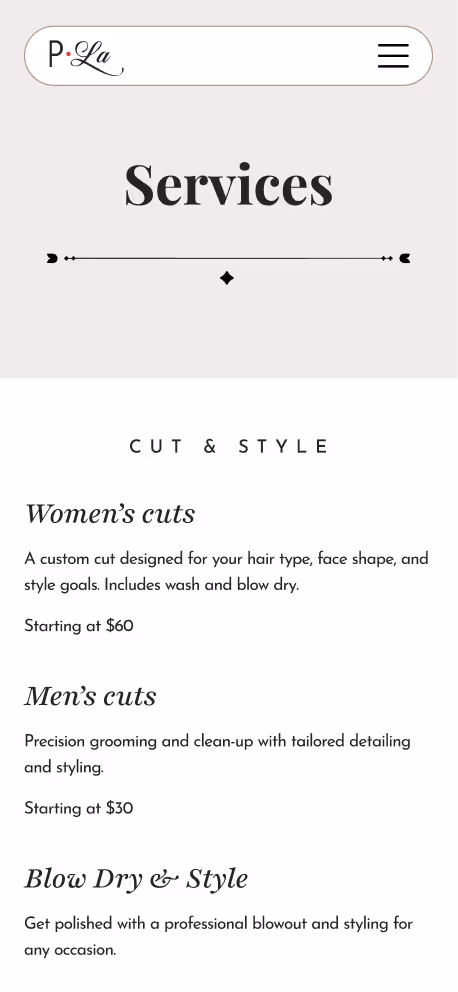 Hair salon services menu with women's and men's cut prices