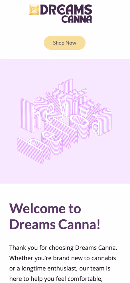 3D stylized "hello" text in pink on lavender Dreams Canna landing page