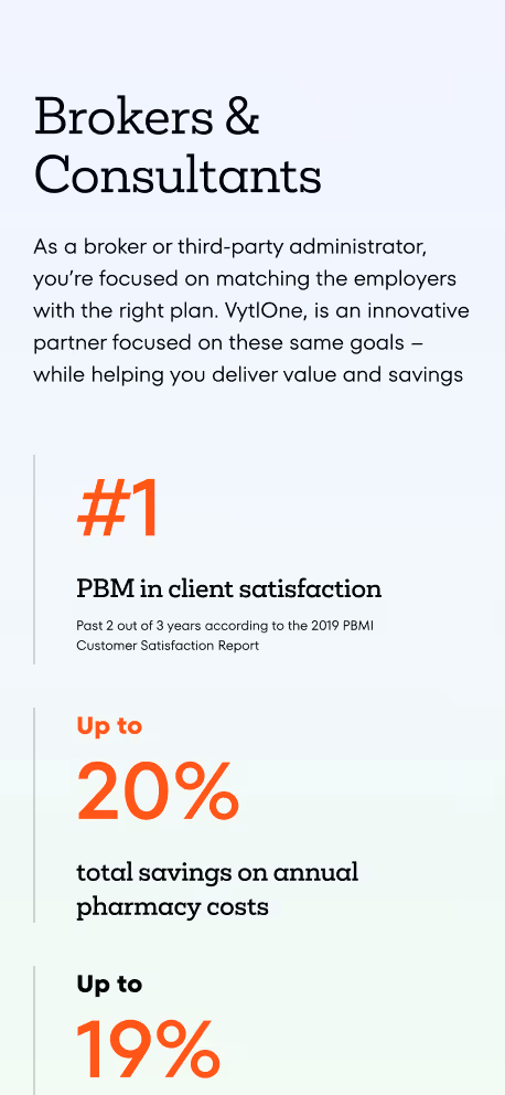 VytOne broker benefits infographic showing client satisfaction and pharmacy cost savings