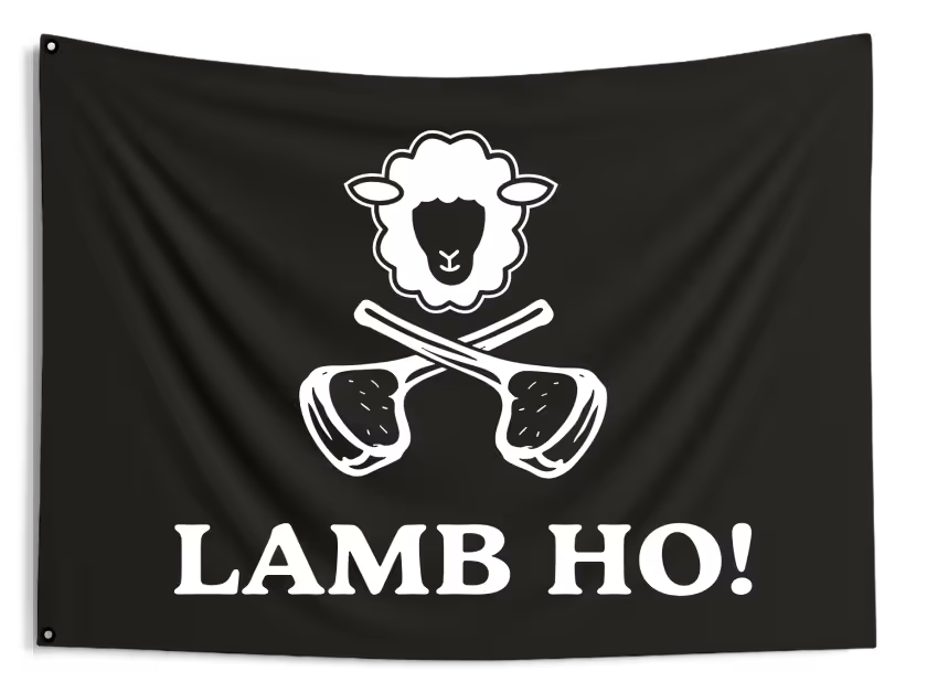 Black flag with sheep skull and crossbones, saying Lamb Ho!