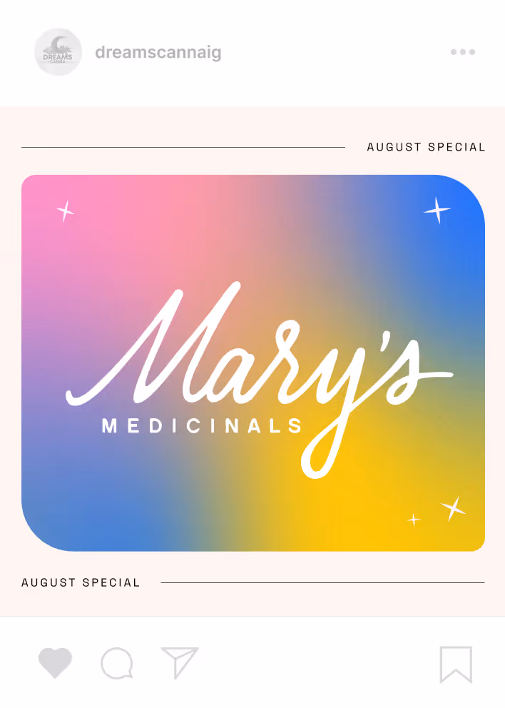 Mary's Medicinals August Special with colorful gradient background