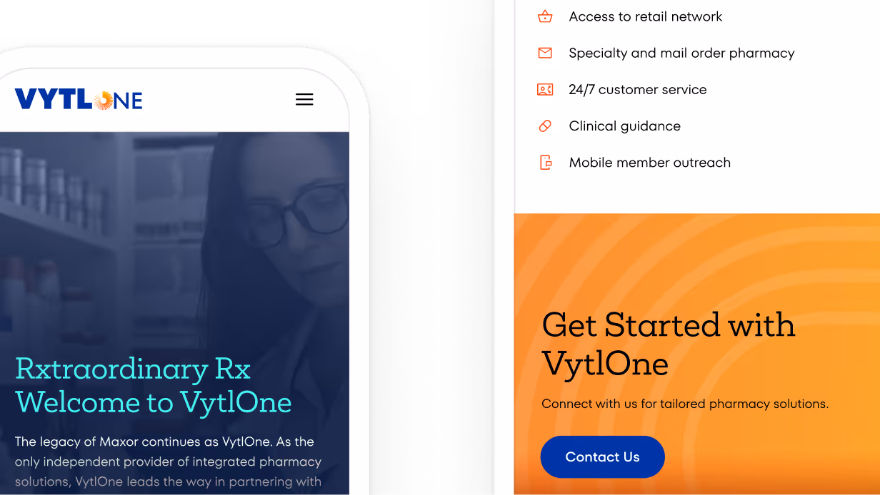 VytlOne pharmacy services website homepage with company features