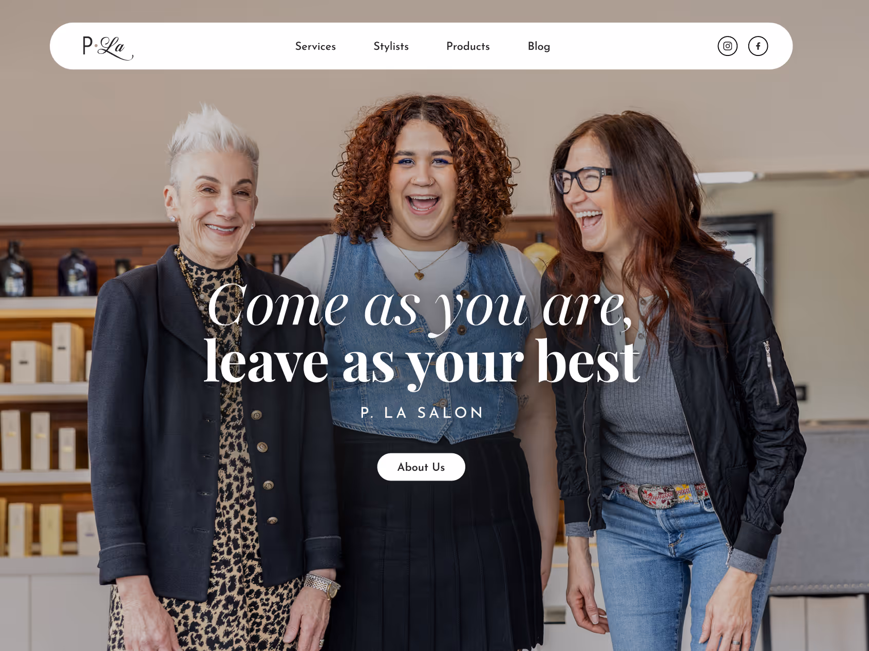 Three diverse women smiling in P. La Salon, celebrating individuality