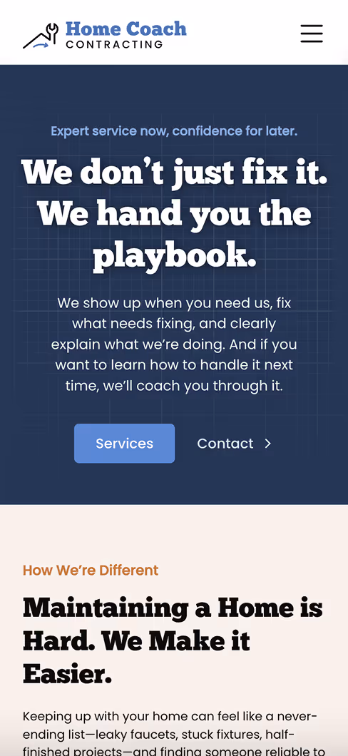 Home Coach Contracting website showcasing home repair and maintenance services