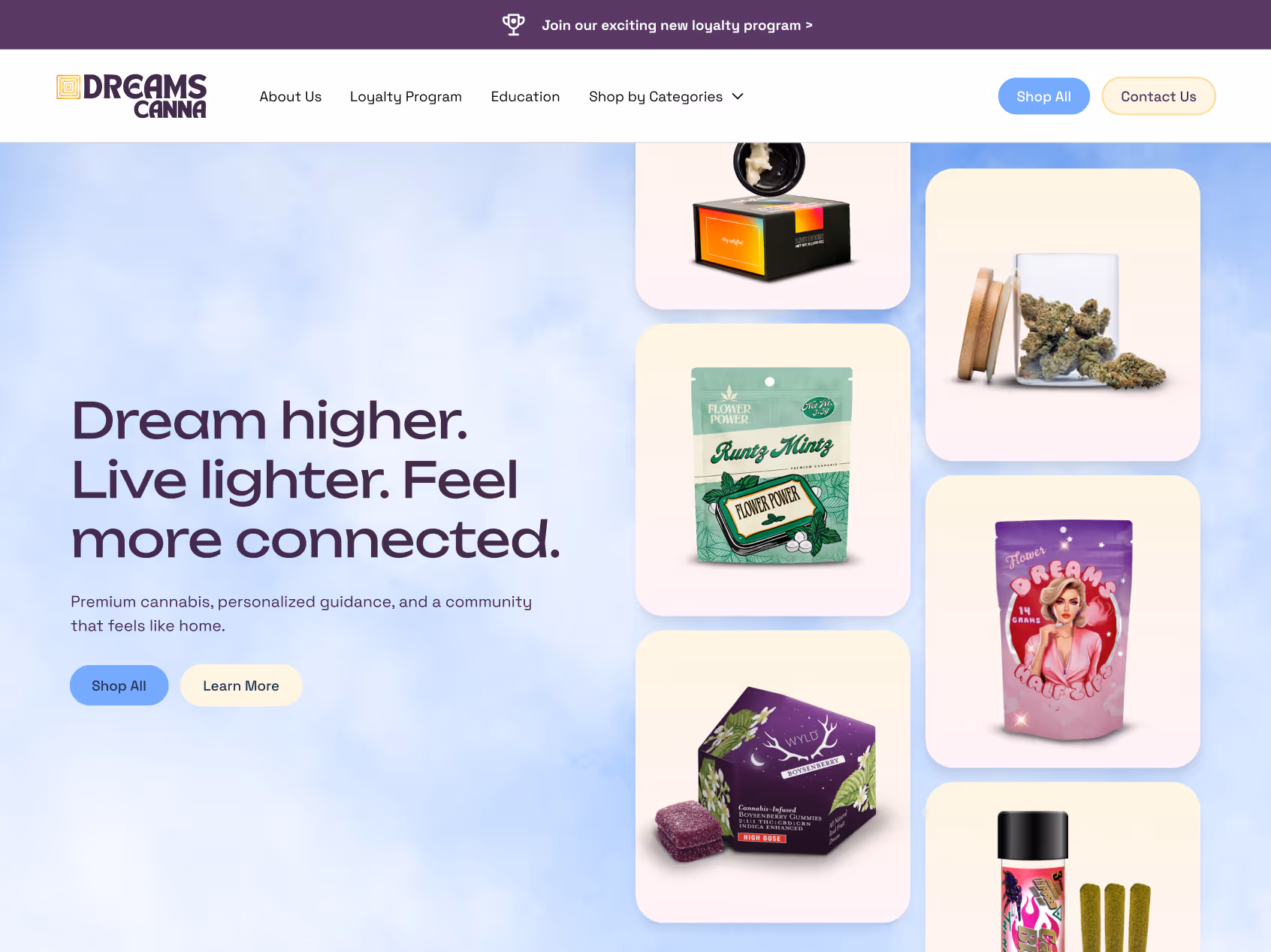 Dreams Canna cannabis products website with various marijuana merchandise