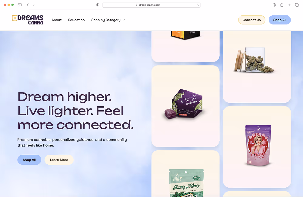 A website homepage for Dreams Canna with images of products.