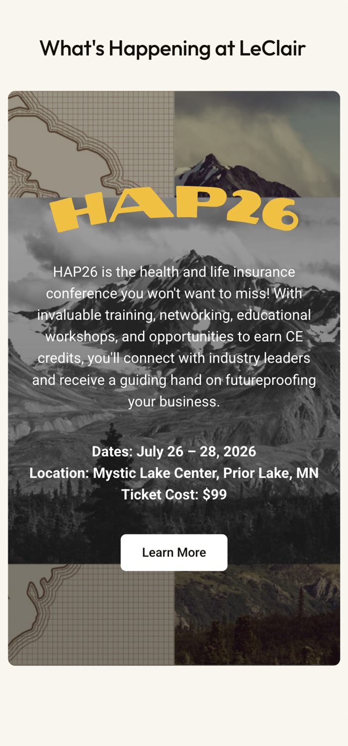 Announcement for HAP26 health and life insurance conference July 26-28, 2026 at Mystic Lake Center, Prior Lake, MN, ticket $99 with training, networking, and CE opportunities.