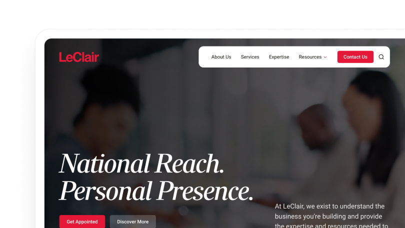 Website header with LeClair logo, navigation menu, and text stating 'National Reach. Personal Presence.'