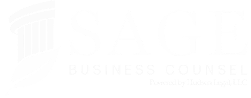 SAGE Business Counsel logo with stylized pillar and leaf icon, powered by Hudson Legal, LLC.