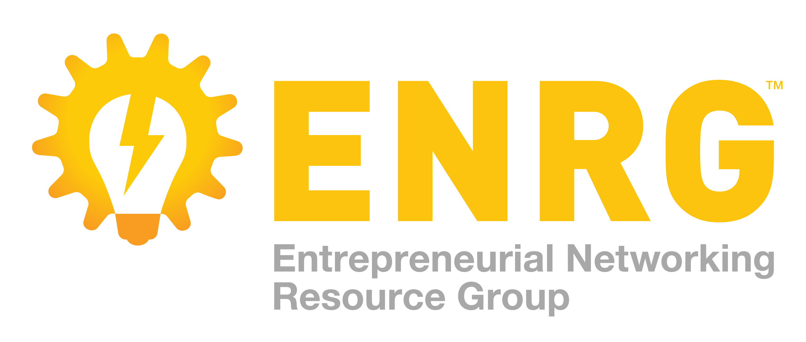 ENRG logo with large yellow letters and a yellow gear-shaped light bulb icon containing a black lightning bolt, representing Entrepreneurial Networking Resource Group.