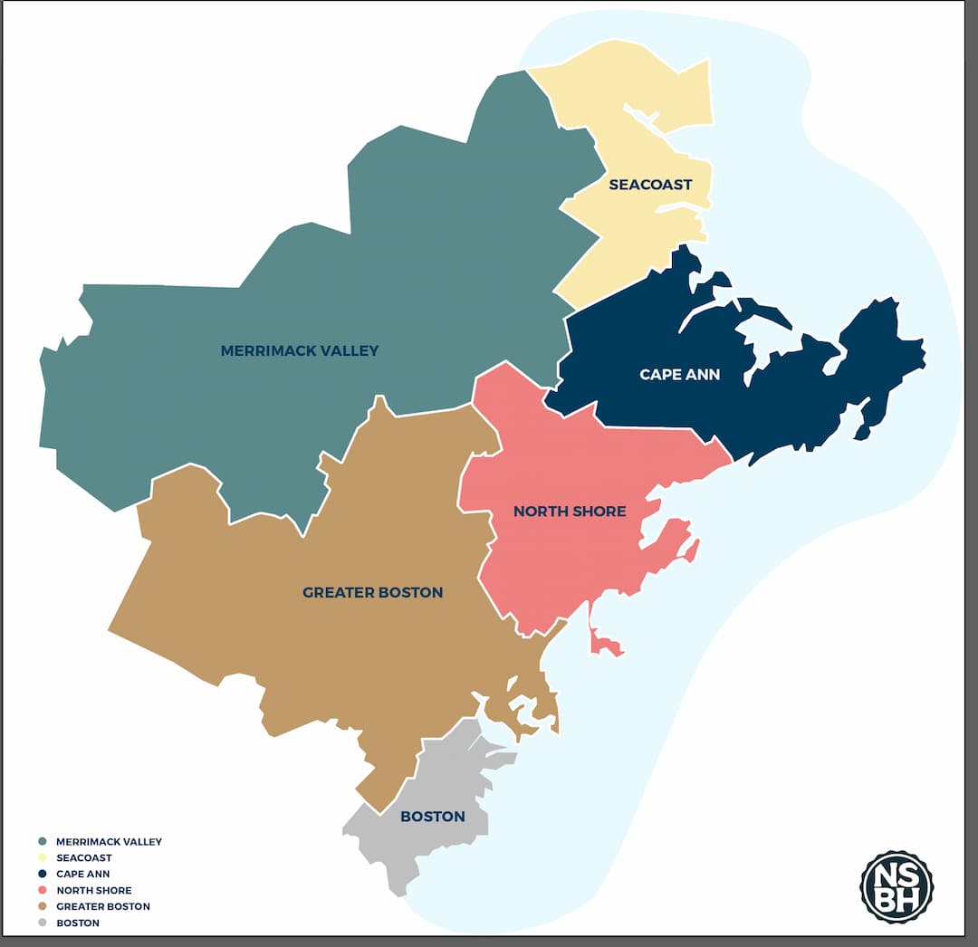 Map showing Greater Boston, Boston, Merrimack Valley, North Shore, Cape Ann, and Seacoast regions.