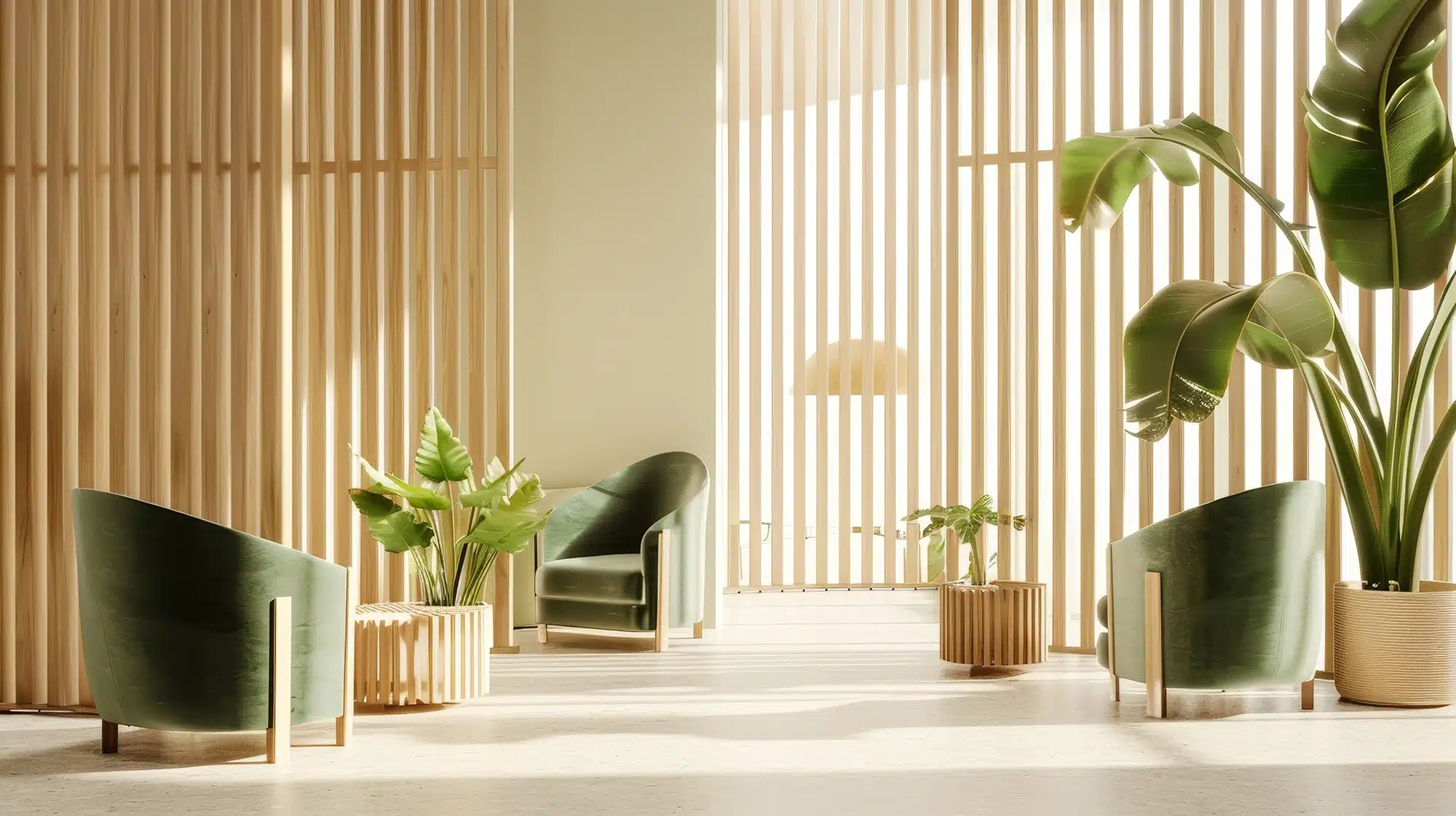 Modern minimalist lounge with green velvet chairs, wooden slat wall panels, and large indoor plants in natural light.