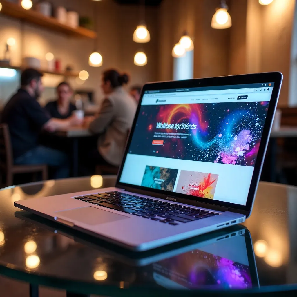 A laptop with a colorful website open on it.