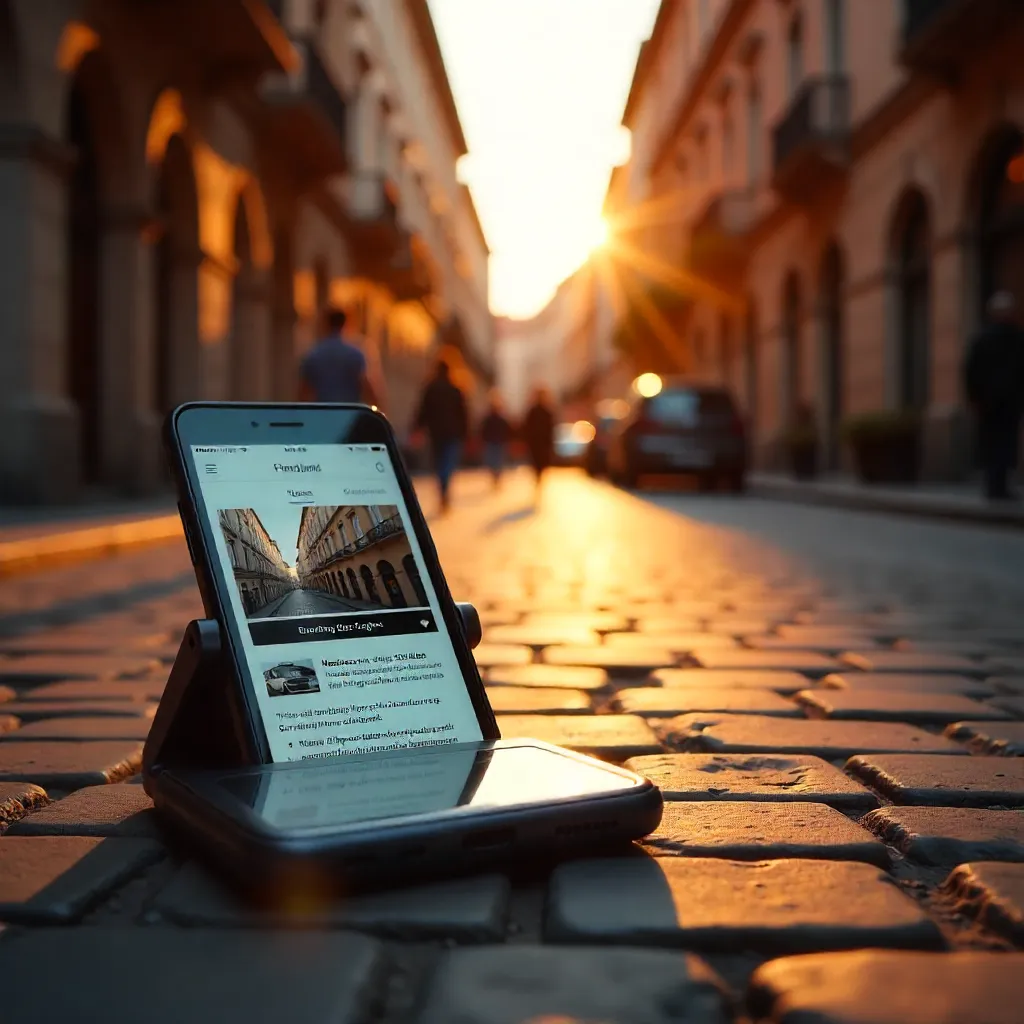 A black cell phone with a picture of a building on the screen.