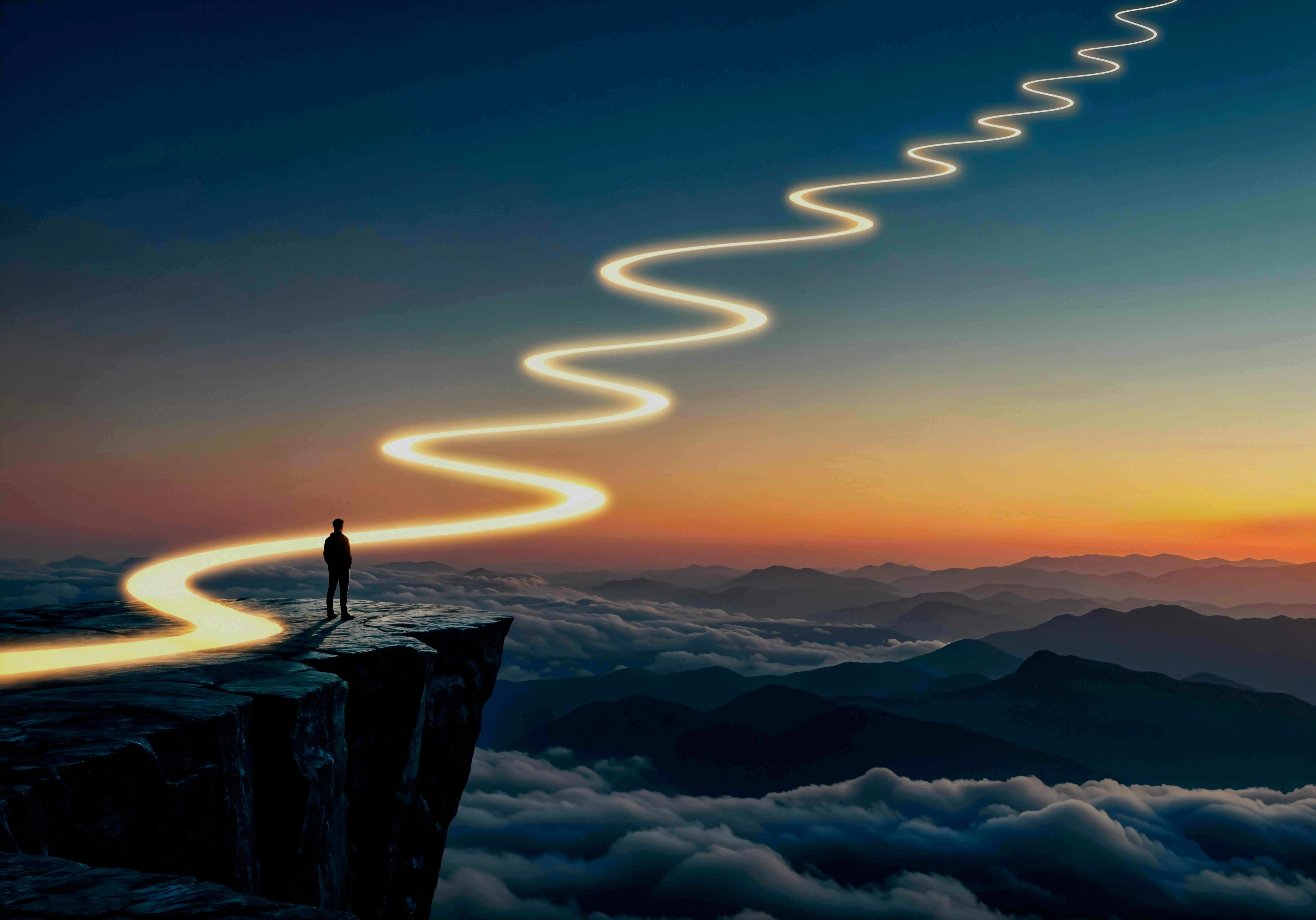 A man standing on a rocky cliff overlooking a beautiful sunset.