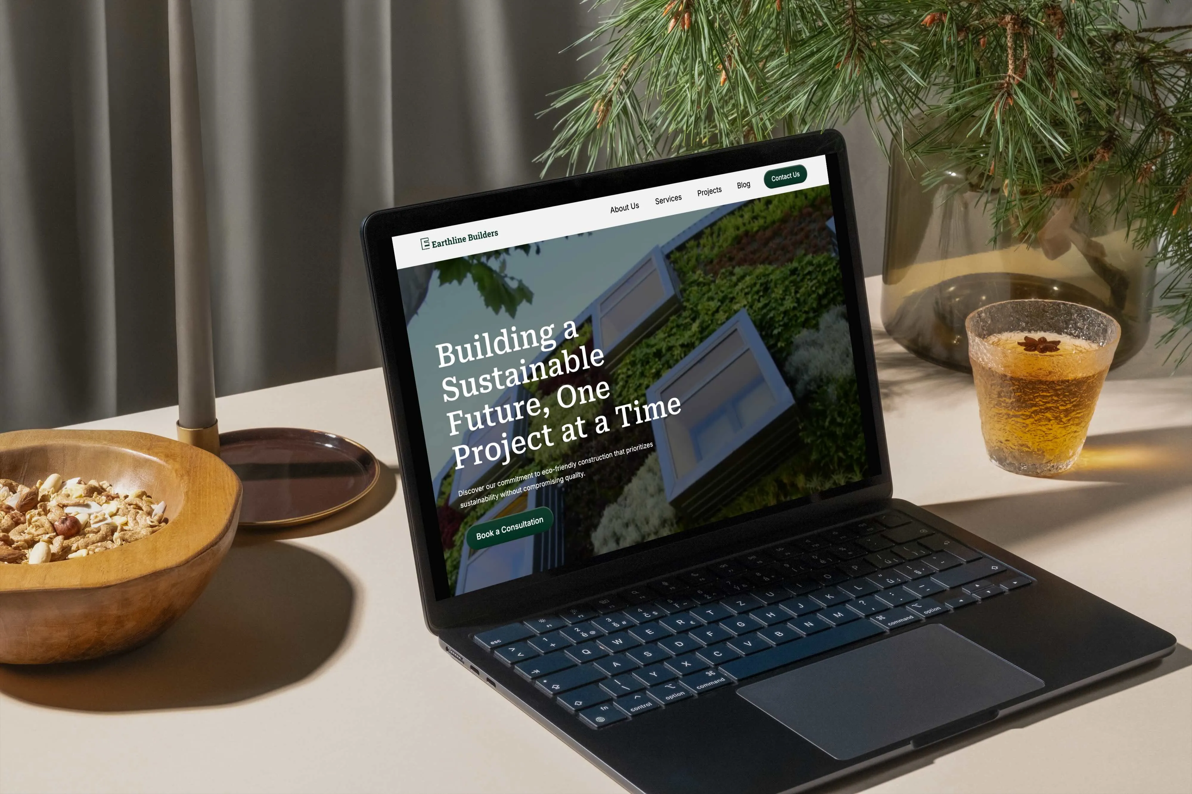 construction company mockup on a laptop on a table