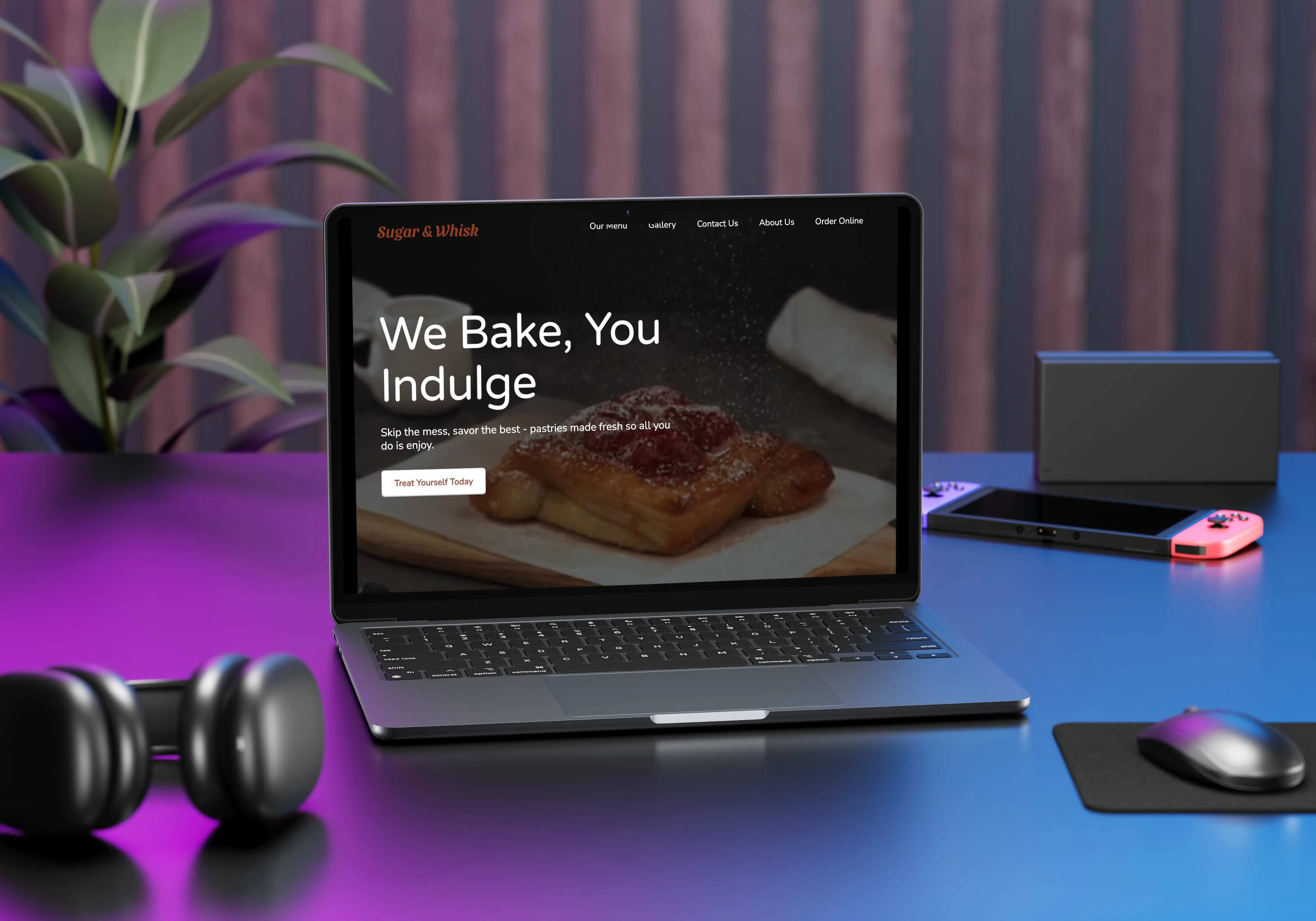 mockup on a laptop of bakery website on a desk