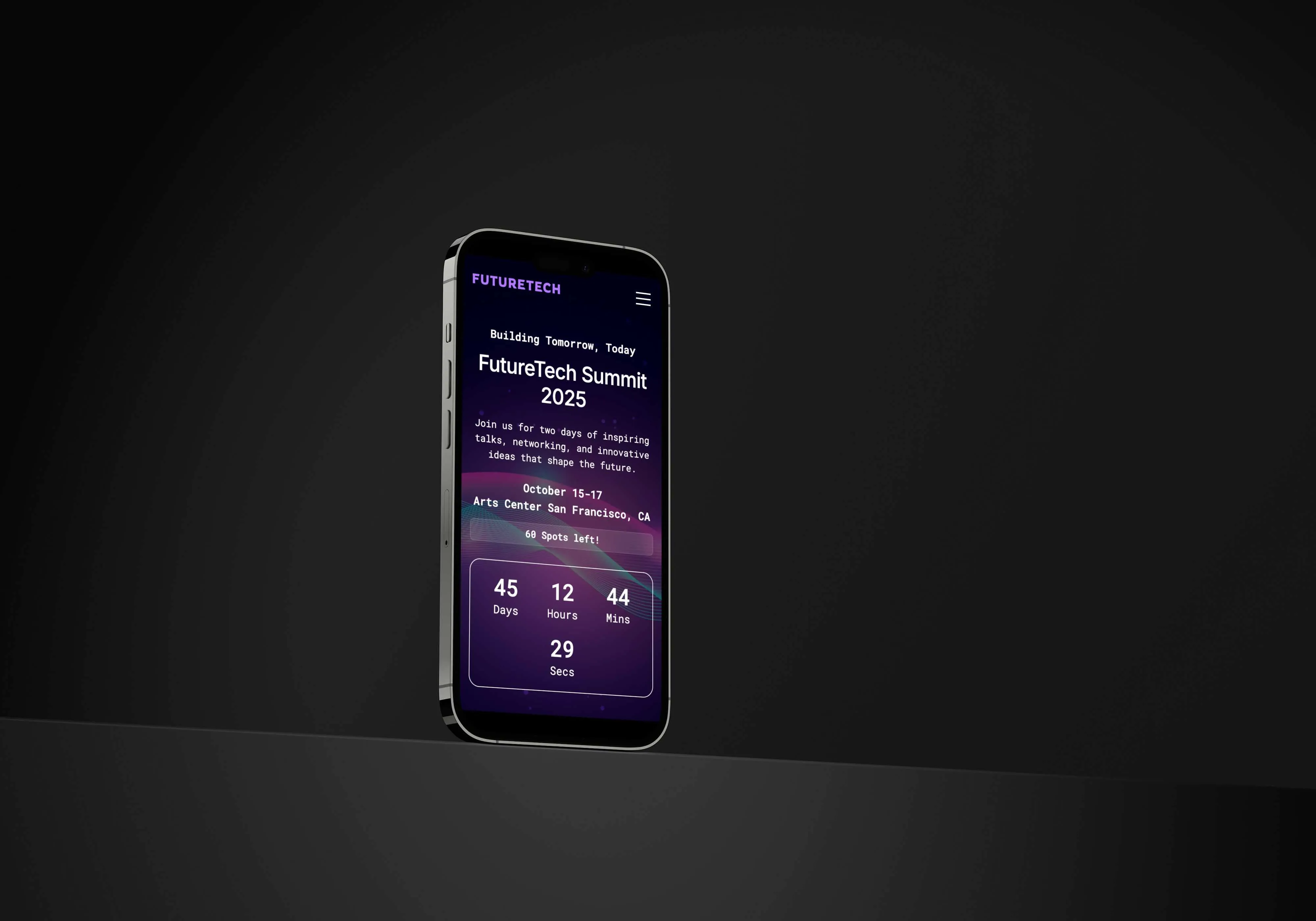 A iphone mockup of a event website for a tech conference