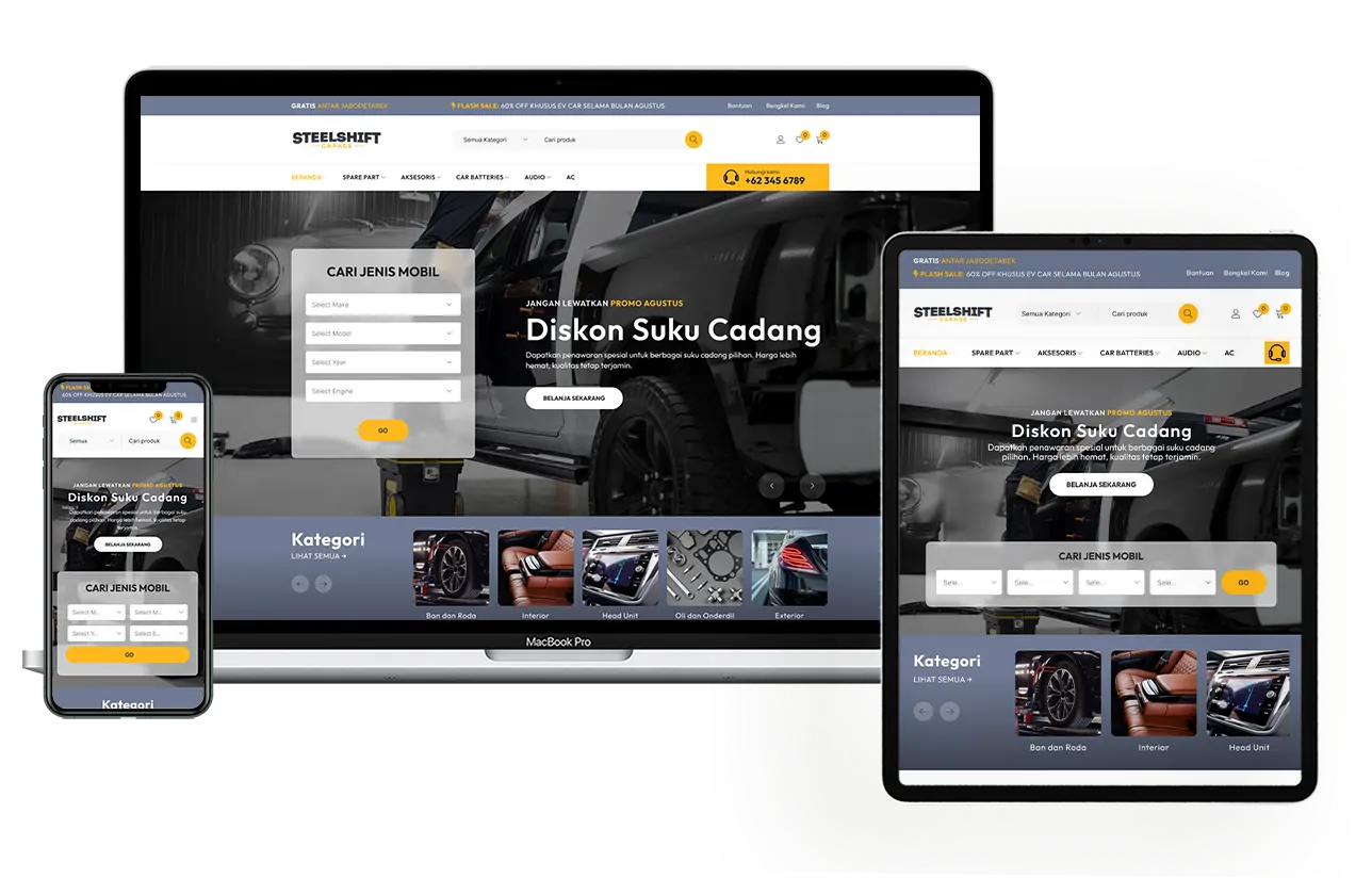 Tampilan hero website e-commerce responsif yang ditampilkan di laptop, smartphone, dan tablet