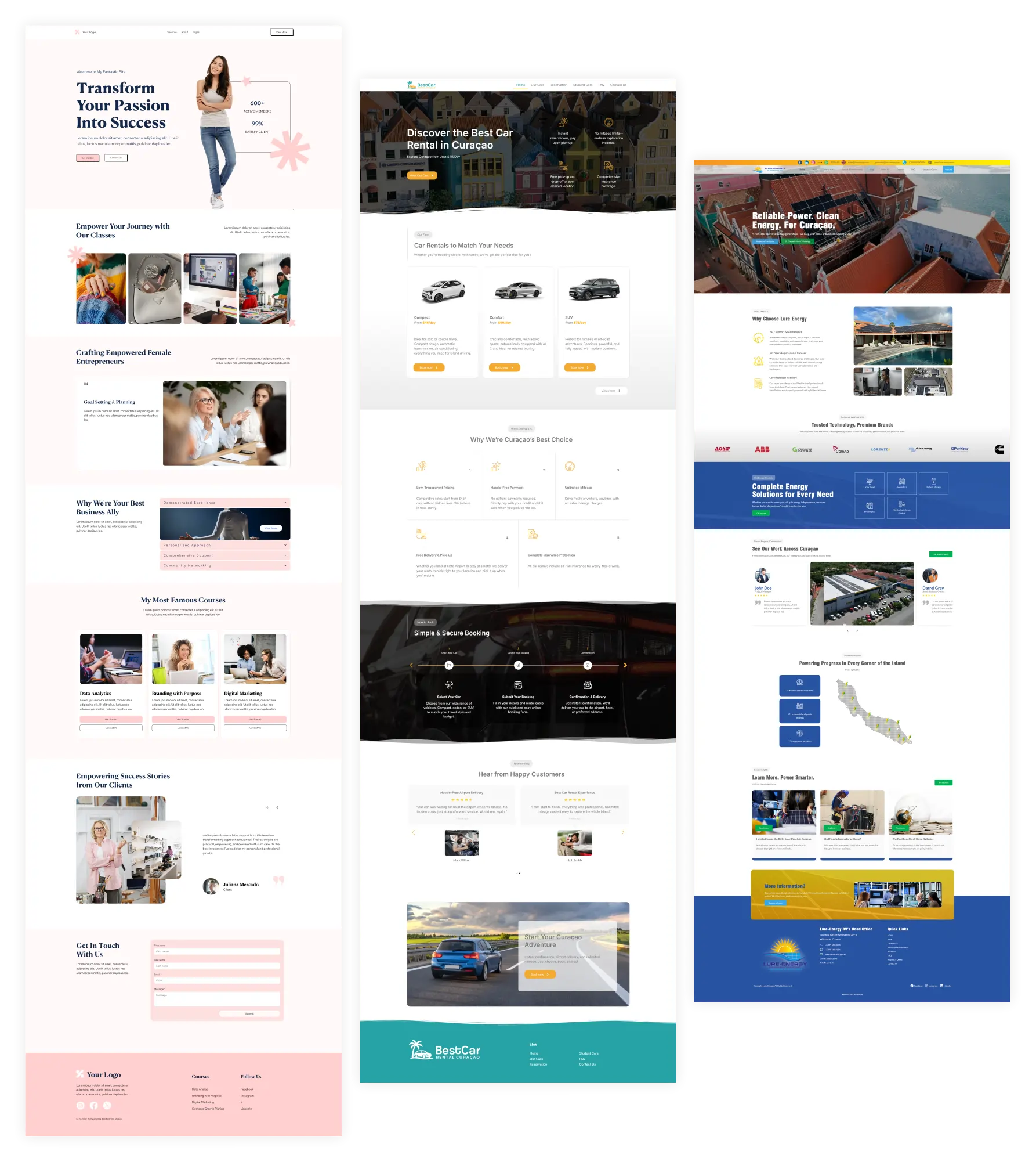 Tiga tampilan website dengan layout dan desain yang berbeda sebagai referensi desain web