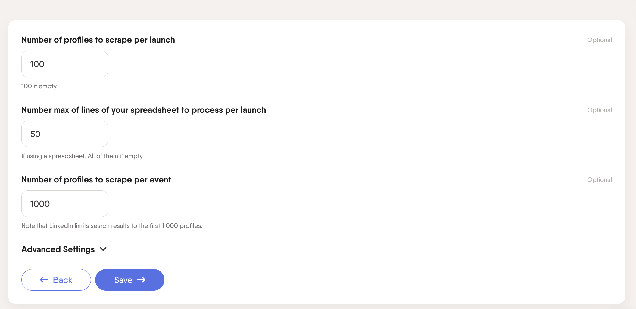 PhantomBuster export additional settings