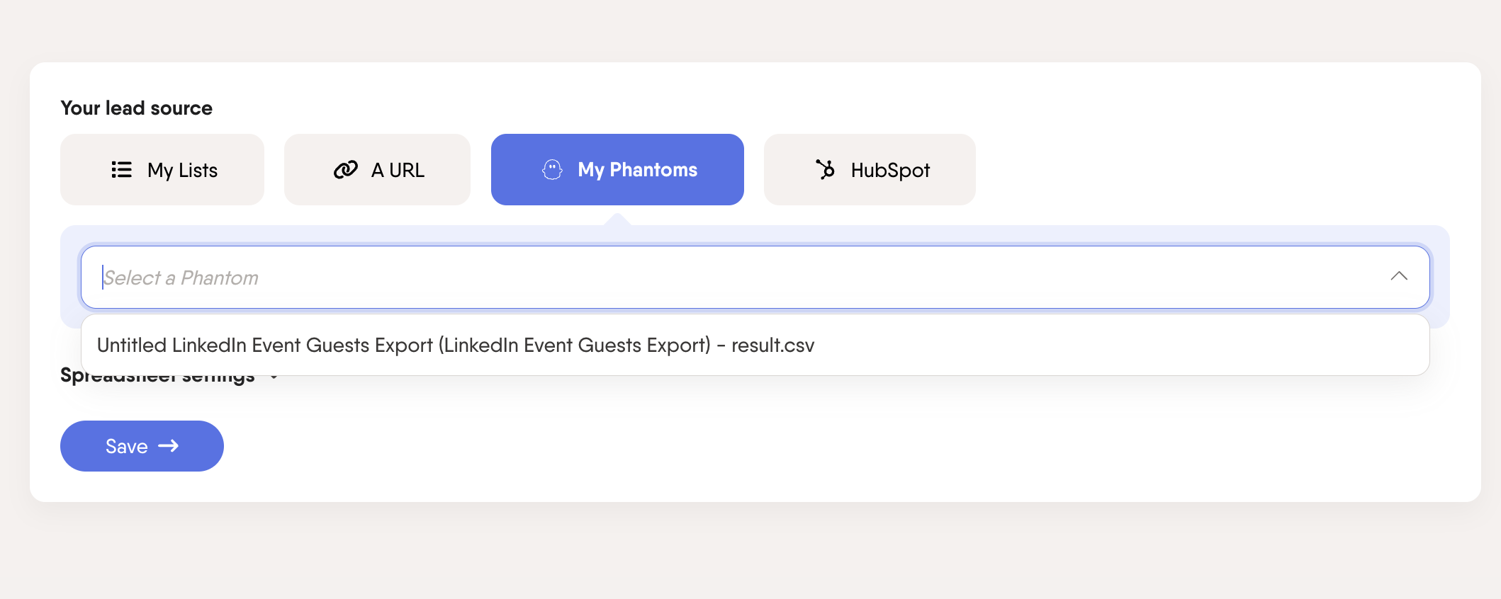 PhantomBuster data collection options