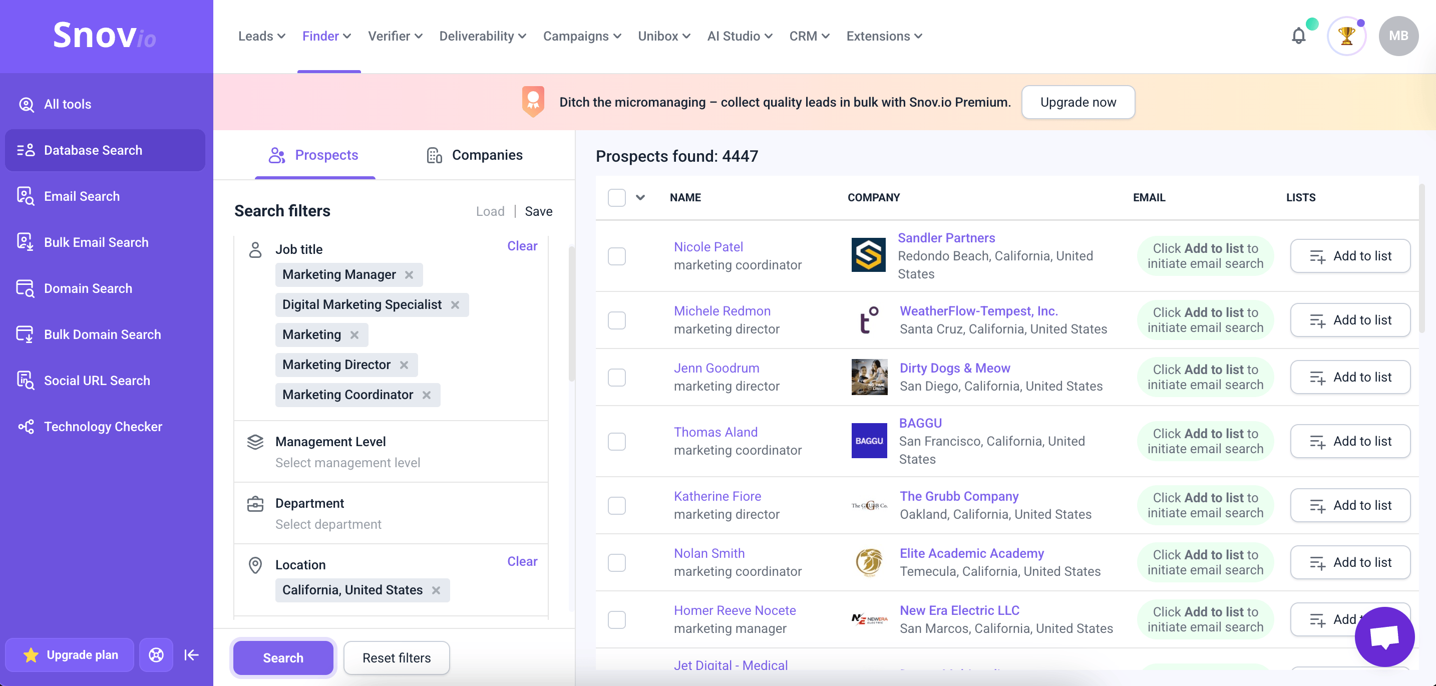 Snov.io lead search example