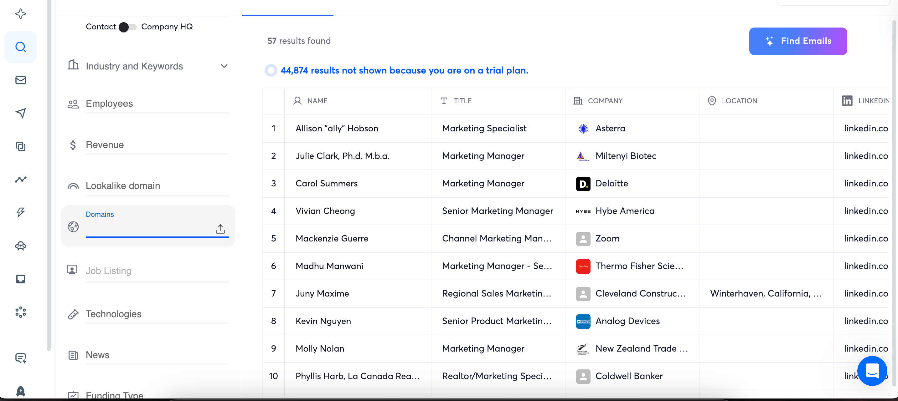 Instantly.ai domain search options