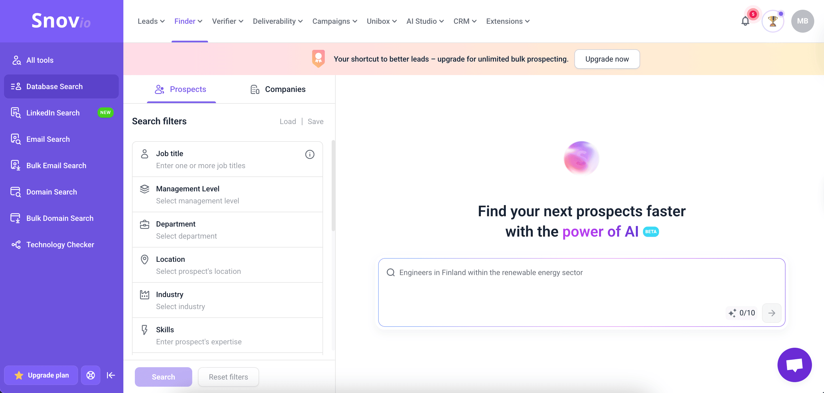 Snov.io database search 